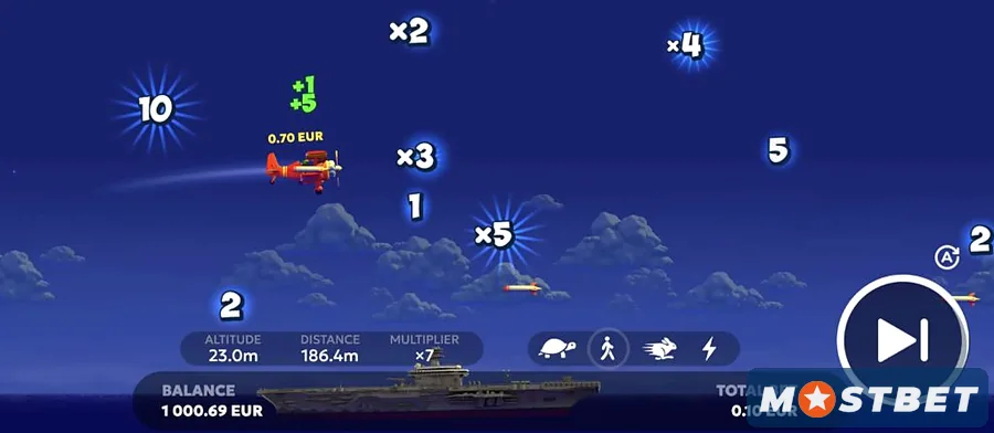Mostbet Android tətbiqində Aviamasters crash oyunu — təyyarə multiplikatorları toplayır